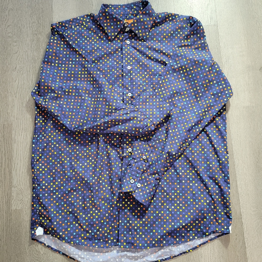 BRULI MAUS & HOFFMAN Navy Polka Dot Button Down Long Sleeve Swiss Shirt Sz XL